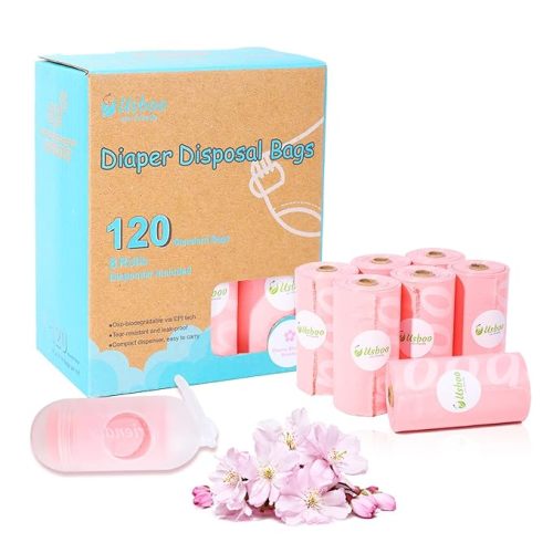 Disposable Diaper Bags for Baby - 8 Refill Rolls (120 Pack), Disposable Trash Bag with Dispenser - Cherry Blossom Scented, Pink, Ideal for Diaper Disposal