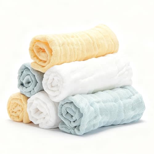 Bear Rocket Organic Muslin Baby Washcloths 6 Pack Baby Bath Face Towel 12x12 Inch Extra Absorbent and Soft Burp Cloth and Wash Cloths for Newborn-Infants On Sensitive Skin (White Green Yellow)