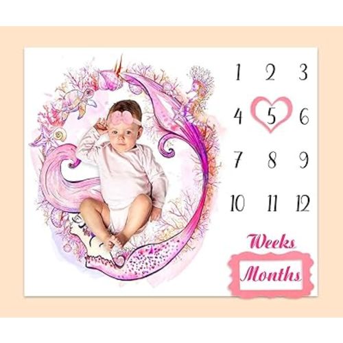 Monthly Milestone Blanket for Baby Girl, Pink Mermaid Watercolor Starfish Seahorse Turtle Seashell Pink Growth Chart Blanket for Pictures, 48"x40" Newborn 1-12 Months with Markers BTLSPH783