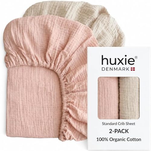 Crib Sheets – Organic Cotton Muslin Fitted Crib Sheet – Standard Size for Baby Girls 28" x 52" Ultra-Soft and Breathable- 2-Pack (Fog/Blush)