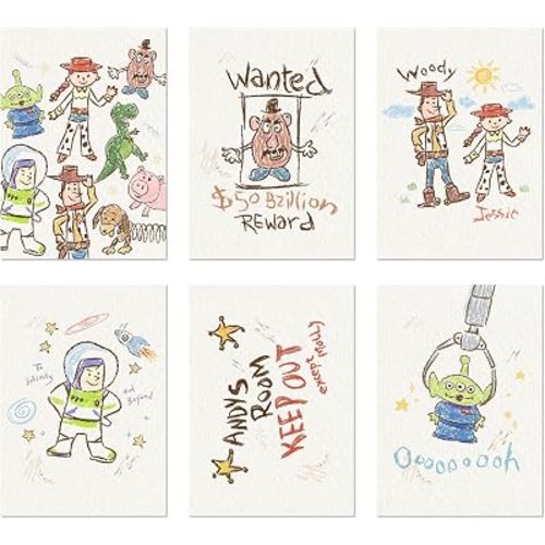 BigWig Prints Toy Story Room Decor for Kids Bedroom, Toy Story Wall Art Poster Set, Woody Buzz Lightyear Jessie - Andy's Room Drawings, Set of 6 Unframed (5x7)