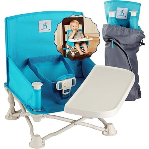 Hiccapop OmniBoost Travel Booster Seat with Tray for Baby | Folding Portable Seat for Dining Table, Camping, Beach, Grandma’s | Tip-Free Design Straps to Kitchen Chairs