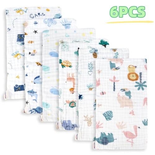 EUZODNAK Muslin Baby Burp Cloths 6 Pack Large 20''x10'' 100% Cotton Burp Rags Absorbent and Soft 6 Layers Muslin Cloth Baby Essentials for Newborn(Animals and Cars, Pack of 6)