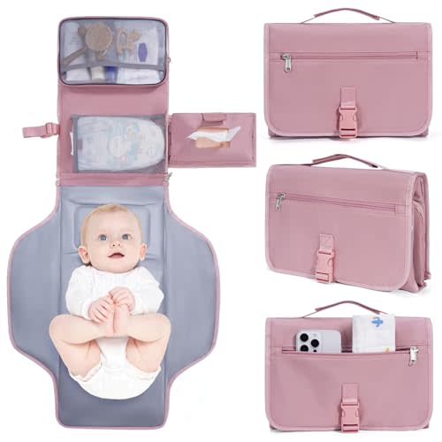 CEICEI Portable Diaper Changing Pad Waterproof Travel Baby Changing Mat with Large Wet/Dry Pocket & Elastic Wipes Pockets, Foldable Compact for On-The-Go Diaper Changer（Pink）