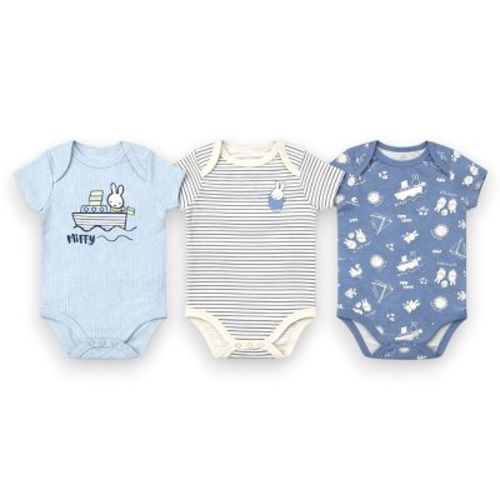 Miffy Baby Boys' 3-Pack Short Sleeve Soft Cotton Blend Bodysuit Set, Light Blue/By The Sea, 3 Months
