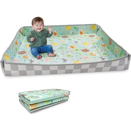 Infantino Foldable Foam Play Mat, Animals, Reversible Fold & Go, 57x57 In