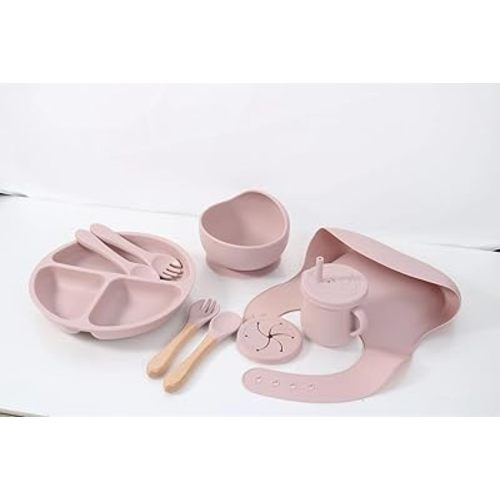 Juego de 7 piezas de silicona para alimentación del bebé, platos y utensilios no tóxicos, incluye plato dividido, cuenco de succión, taza para beber, babero, cucharas y tenedor (rosa bebé)