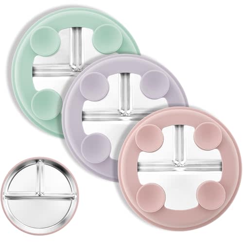 Stainless Steel Suction Plates for Toddlers, 8" Divided Kids Baby Plates with Removable Silicone Suction, Non Toxic Non Slip Portion Control Snack Dishes 3 Packs, Pink Lilac Sage