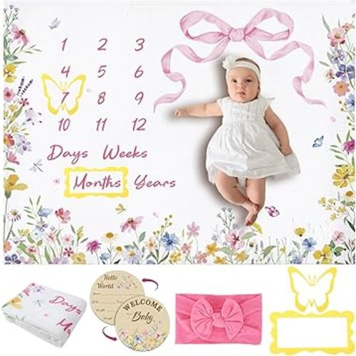Floral Baby Monthly Milestone Blanket for Girls Flannel Blanket Newborn Infant Swaddle Baby Growth Blanket Photography Background with Wooden Signs,Frames,Headband