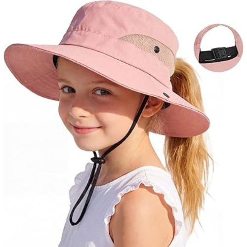 Zando Ponytail Hole Kids Sun Hat Adjustable Girls Beach Bucket Hat UPF 50+ Wide Brim Foldable Summer Cap Swim Fishing Safari