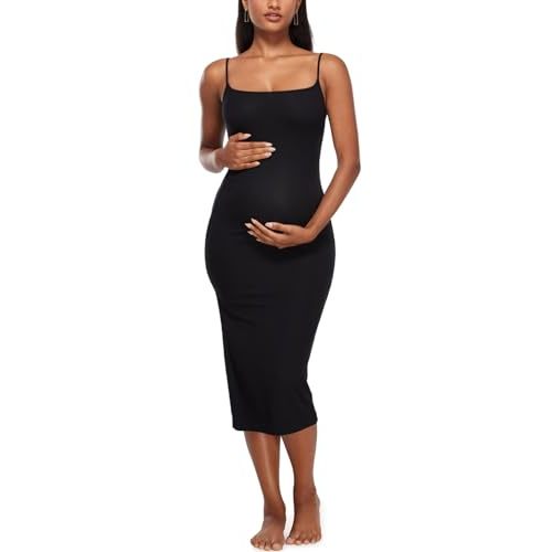 MOMANDA Women' s Maternity Dress Ribbed Spaghetti Strap Bodycon Dresses Square Neck Maternity Clothes for Baby Shower
