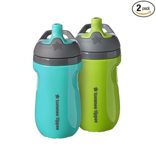 Tommee Tippee Insulated 9oz Sporty Spout Toddler Water Bottle, No Spill, Sippy Cups for Toddlers 1-3, Two-Piece Valve Helps Stop Spills, Green & Teal, BPA Free, Pack of 2