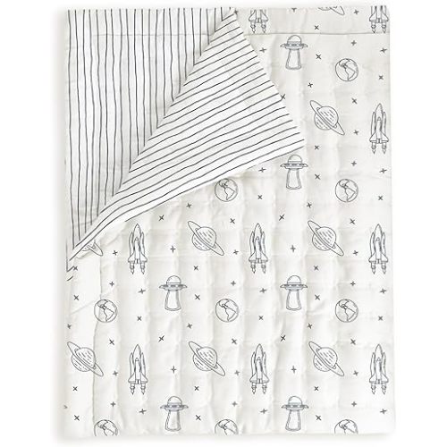 MakeMake Organics Organic Baby Blanket GOTS Certified Organic Comforter Cotton Infill Tufted - Reversible Ultra Soft Breathable (30"x40", Astronaut + Navy Stripes)