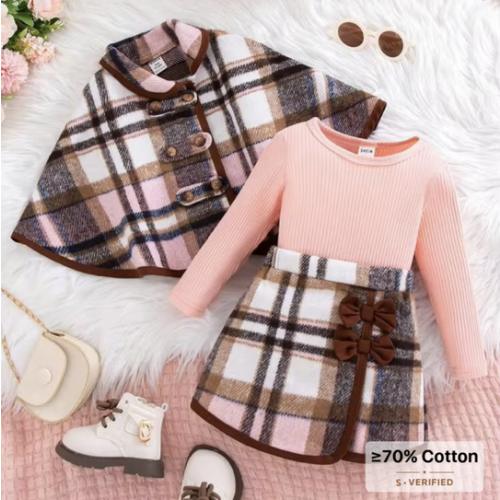 Souflis Souflis 3Pcs Baby Girls Vintage Pink Plaid Set Button‑Trim Cape Coat Ribbed Crew Neck L/S Top Bow Skirt,Regular Weight For Party Daily Occasions Fall & Winter | SHEIN USA