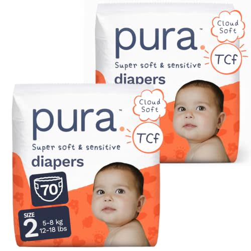Pura Baby Diapers Size 2 (12-18 lbs) 70 Count Sensitive Skin | Cloud Soft, Totally Chlorine Free*, Wetness Indicator, Umbilical Cutout, Allergy UK Certified