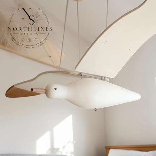 Wooden Flying Seagull Mobile, Scandinavian Nursery Decor, Hanging Bird Ornament, Coastal Baby Room Decor, Montessori Ceiling Mobile