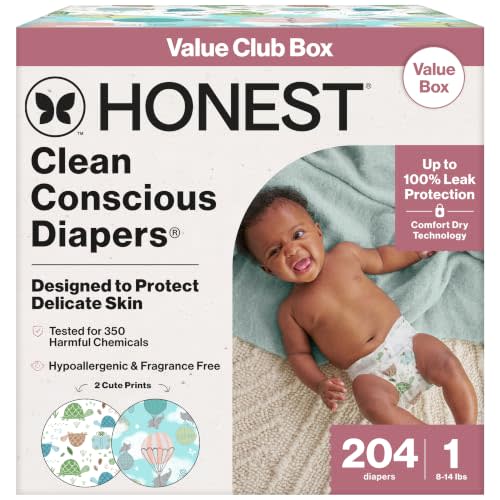 The Honest Company Diapers, Value Pack, Fragrance-Free, Size 1, 204 Count | Baby Diapers, Size 1 (8-14lbs), 204 Ct. Hypoallergenic, Fragrance-Free, Up To 100% Leak Protection, OEKO-TEX Certified.
