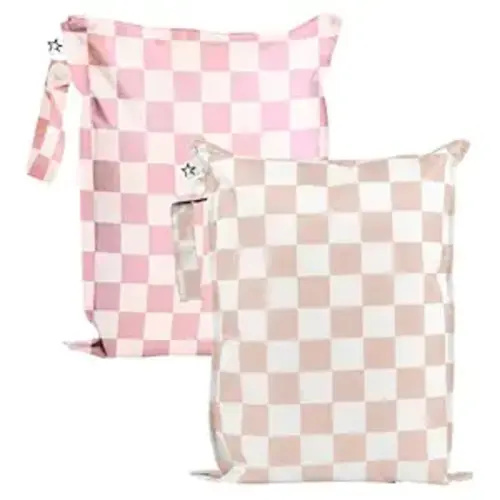Tiny Twinkle Mess Proof Wet Bags | 2-Pack Reusable Waterproof Wet Bags for Swimsuits | Baby Clothes | Travel & Diaper Bag (Pink, Brown Checkers)