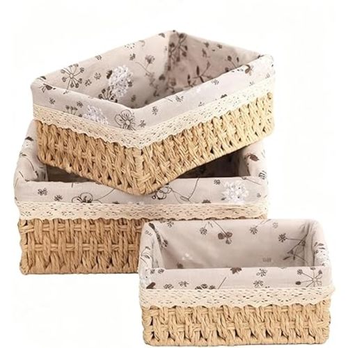 Woven Storage Baskets for Organization Set of 3, Small Woven Baskets for Shelves, Square Storage Bins for Towels, Books, Toy Bins, Magazine Basket, Cute Decorative Storage Bins