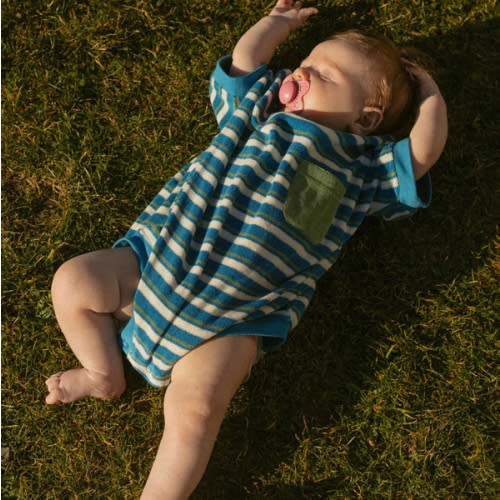 Callie Romper in Thin Blue Green Stripe – Winnie + Crew