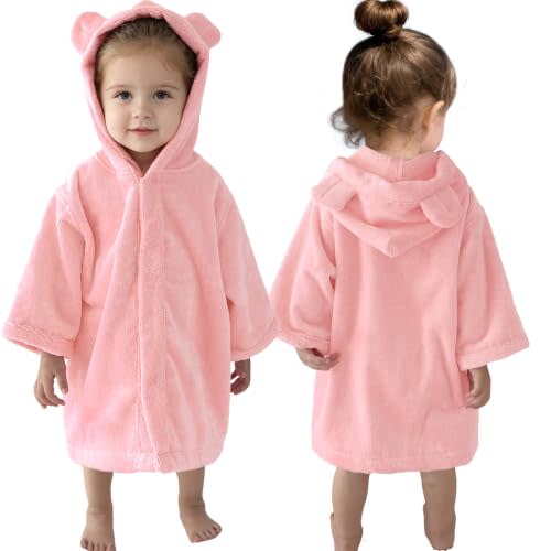 VOOVA & MOVAS Baby Robe Hooded Cotton Poncho Towel 0-24M,Pink Bear Ear | Quick Dry, 480GSM Thick, Soft & Absorbent, Snap Closure, No Fade, for Bath, Pool, Beach & Travel