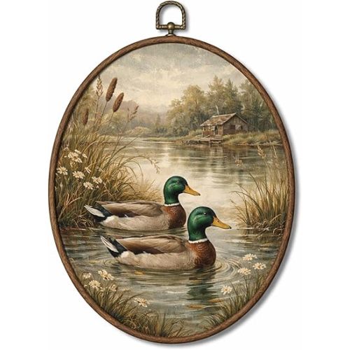 Vintage Duck Wall Art, Rustic Farmhouse Framed Canvas Decor for Bathroom, Cabin or Nursery, Cottagecore Lake Wildlife Wall Hanging, 8.6 x 11.4 Inch