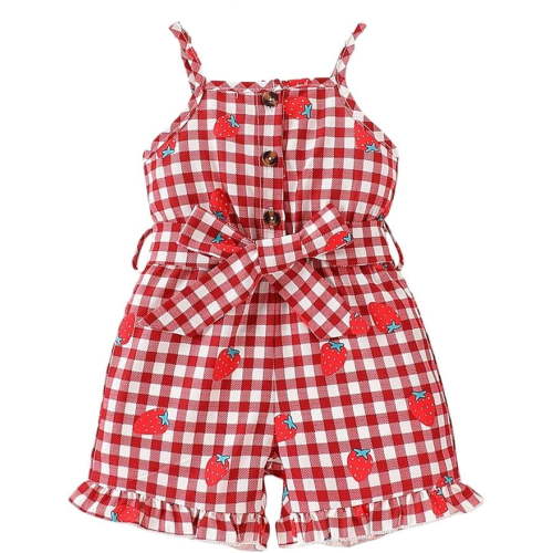 Summer Infant Baby Girl Suspender Romper Strawberry Grid Printing Jumpsuits with Belts