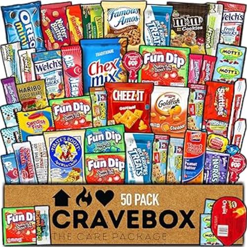 CRAVEBOX Snack Box Variety Pack Care Package (50 Count) Halloween Treats Gift Basket Boxes Pack Adults Kids Grandkids Guys Girls Women Men Boyfriend Candy Birthday Cookies Chips Teenage Mix College Student Food Sampler Office School