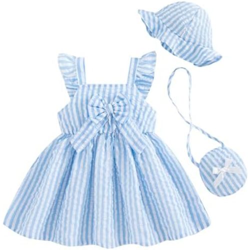 Renotemy Infant Baby Girl Summer Dress Ruffle Flutter Sleeve Bowknot Sundress Gifts Casual Clothes Outfits with Hat and Bag
