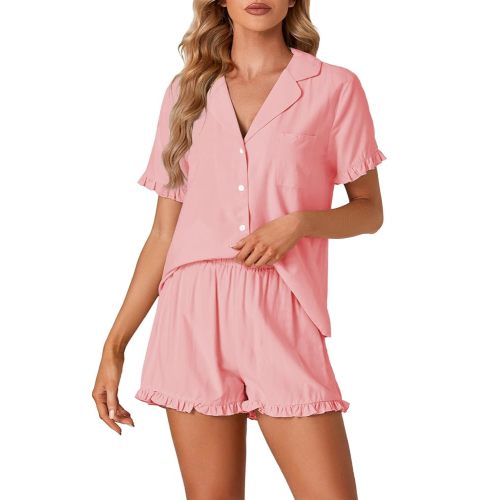 Vrtige Women's 2 Piece Cotton Pajamas Set Button Down Short Sleeve Top and Shorts PJs Set Sleepwear