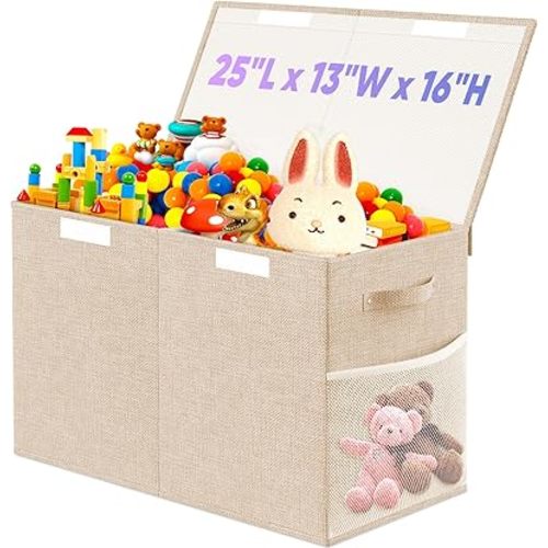 Large Toy Storage Box with Lid Divider, Sturdy Collapsible Toys Organizer Chest Kids Storage Bins Boxes Baskets for Boys, Girls, Nursery, Bedroom, Living Room, Playroom, 25"x13"x16", Beige