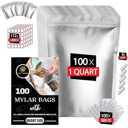100pcs Quart Mylar Bags with 100 x 500cc Oxygen Absorbers-112 Labels & 10 MIL Thick Stand-Up Reusable Airtight Resealable Bags with 5 Clips - Large Mylar Bags For Food Storage