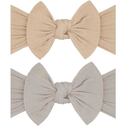 Baby Bling Bows - Newborn to Little Baby Girl Bows, 2 Pack Nylon Super Soft Stretchy Knot Toddler Headbands, Perfect Hair Accessories Head Bands for Infant Kids(Blush & Mushroom)