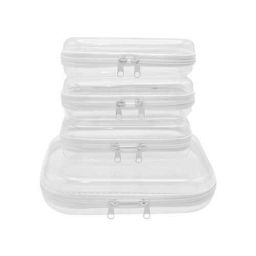 Soposuky 4 Pack Clear Zipper Pouches(3 Small, 1 Medium), Hard Shell Zipper Case, Diaper Bag, Toiletry Bag for Travel, Clear Cosmetic Bag, Organizer Pouch, White