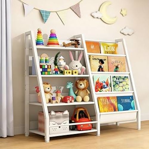 4-Tier Bookshelf, Multi-Layer Open Storage Rack, Toy and Book Storage Rack for Toddlers, Bookshelf Organizer Display Furniture for Bedroom, Playroom, Nursery and Classroom, White