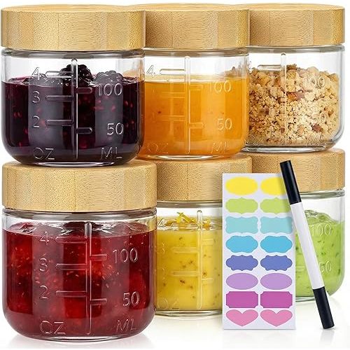 4oz Glass Salad Dressing Containers with Bamboo Lids - 6 Pack Small Airtight Condiment Cups, Leakproof Mini Sauce Jars for Picnic, Ketchup, Dip & Snacks, BPA-Free & Dishwasher Safe