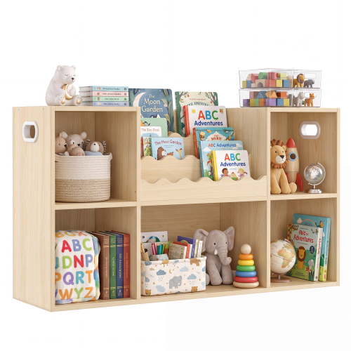 Hironpal 5-Cubby Kids Bookshelf with 3-Tier Scalloped Bookcase, Cube Storage Cabinet with Toy Organizer,Natural