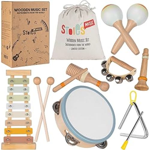 Stoie's Wooden Toddler Musical Instruments with Xylophone, Maracas, Triangle, Tamburine for Babies and Kids, Eco Friendly Montessori Educational Toy - Colors of Joy Set