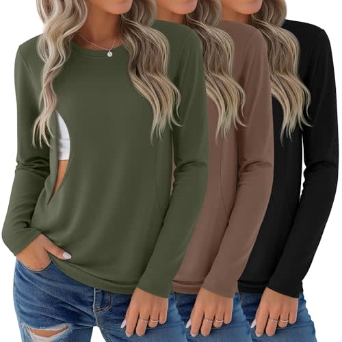 3 Pack Women's Long Sleeve Nursing Tops | Breastfeeding Shirts, Hidden Zippers, Knit, Round Neck, Soft Fabric, Maternity Clothes, for Postpartum, Fall, Winter