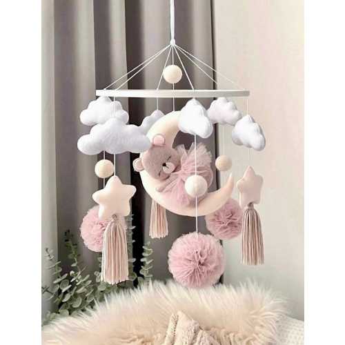 Bear on Moon Baby Mobile , Pink Nursery Decor , Cloud and Star Crib Mobile , Felt Baby Mobile Girl , Scandinavian Nursery Gift