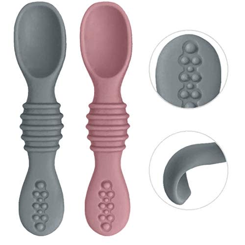Otterlove Silicone Baby Spoons – 100% Platinum Pure LFGB Silicone Soft-Tip – Self Feeding Training Spoon for Baby Led Weaning (Woodchuck & Smoke)