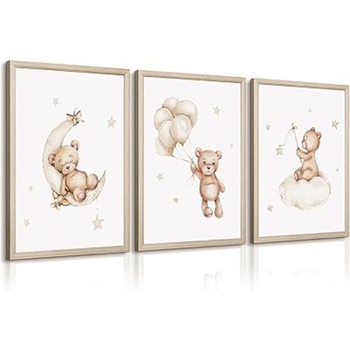 Bear Nursery Wall Art Decor Set of 3 Teddy Bear Canvas Wall Art Baby Boy Nursery Decor Prints Neutral Pictures Moon Star Cloud Print for Girls Children Room 12x16 Inch Wood Framed