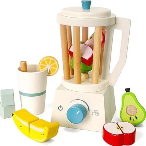 PairPear Wooden Smoothie Blender Toy – 14 Piece Kids Kitchen Accessories Set with Cup, Ice Cubes & Fruit – Pretend Play Juice Maker for Boys & Girls Ages 3+