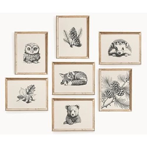 Vintage Nursery Wall Art Woodland Animal Canvas Prints Sketch Bear Fox Wall Decor Forest Animal Kids Pictures Vintag Pine Tree Posters Printing Artwork for Boys Girls Room Decoration Unframed