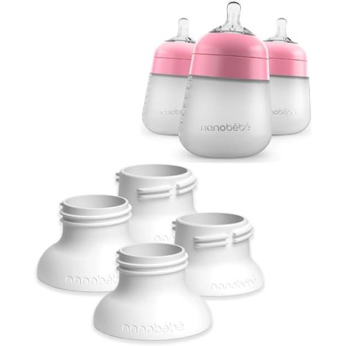 Nanobebe Flexy Silicone Baby Bottle 3-Pack Pink 9oz Bundled with 4 Pack Breast Pump Adapters