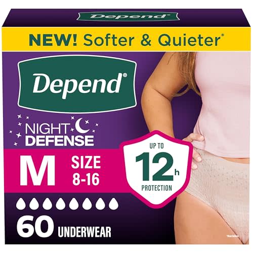 Depend Night Defense Adult Diapers, Incontinence & Postpartum Bladder Leak Underwear for Women, Disposable, Overnight, Medium, Blush, 60 Count (4 Packs of 15), Packaging May Vary