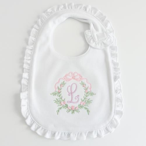 Personalized Embroidered Baby Girl Bib with Monogram - Ruffle Baby Bib - Custom Floral Bow Design - Monogram Baby Gift - Baby Shower Gift