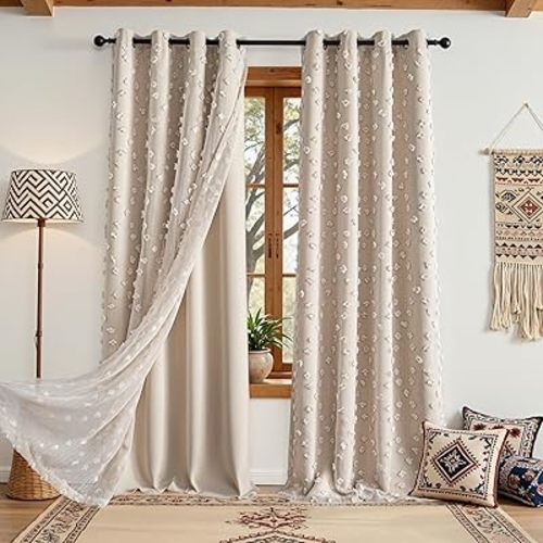 MYSKY HOME Beige Boho Curtains for Living Room 84 Inches Long Blackout Bohemian Curtains 2 Panels Beige Pom Pom Sheer Thermal Insulated Rustic Grommet Privacy Room Darkening Window Drapes 52" x 84"