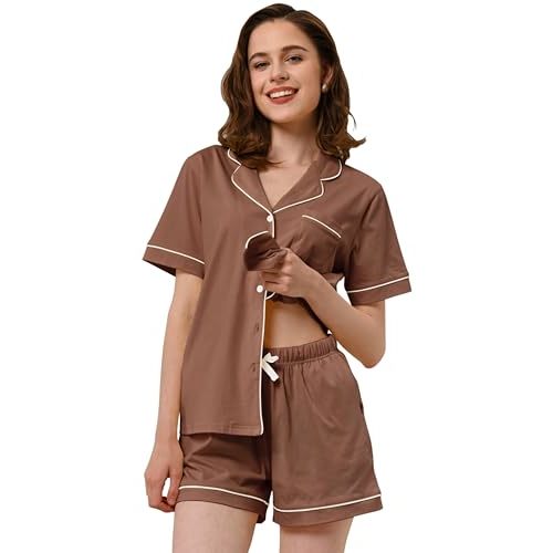 100% Cotton Pajamas for Women Sets 2 Pieces Pjs Button short sleeves with Pockets Soft Sleepwear Loungewear XS-XXL