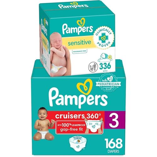Diapers Size 3, 168 Count and Baby Wipes - Pampers Pull On Cruisers 360° Fit Baby Diapers with Stretchy Waistband, ONE MONTH SUPPLY with Sensitive Wipes, 6X Pop-Tops, 336 Count (Packaging May Vary)